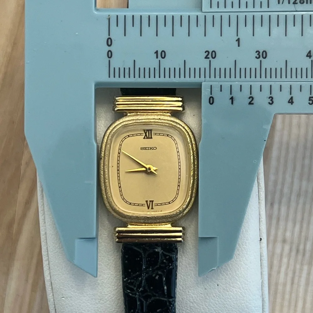Seiko Ladies Watch RARE Vintage Black Leather Strap Gold-Tone Dial